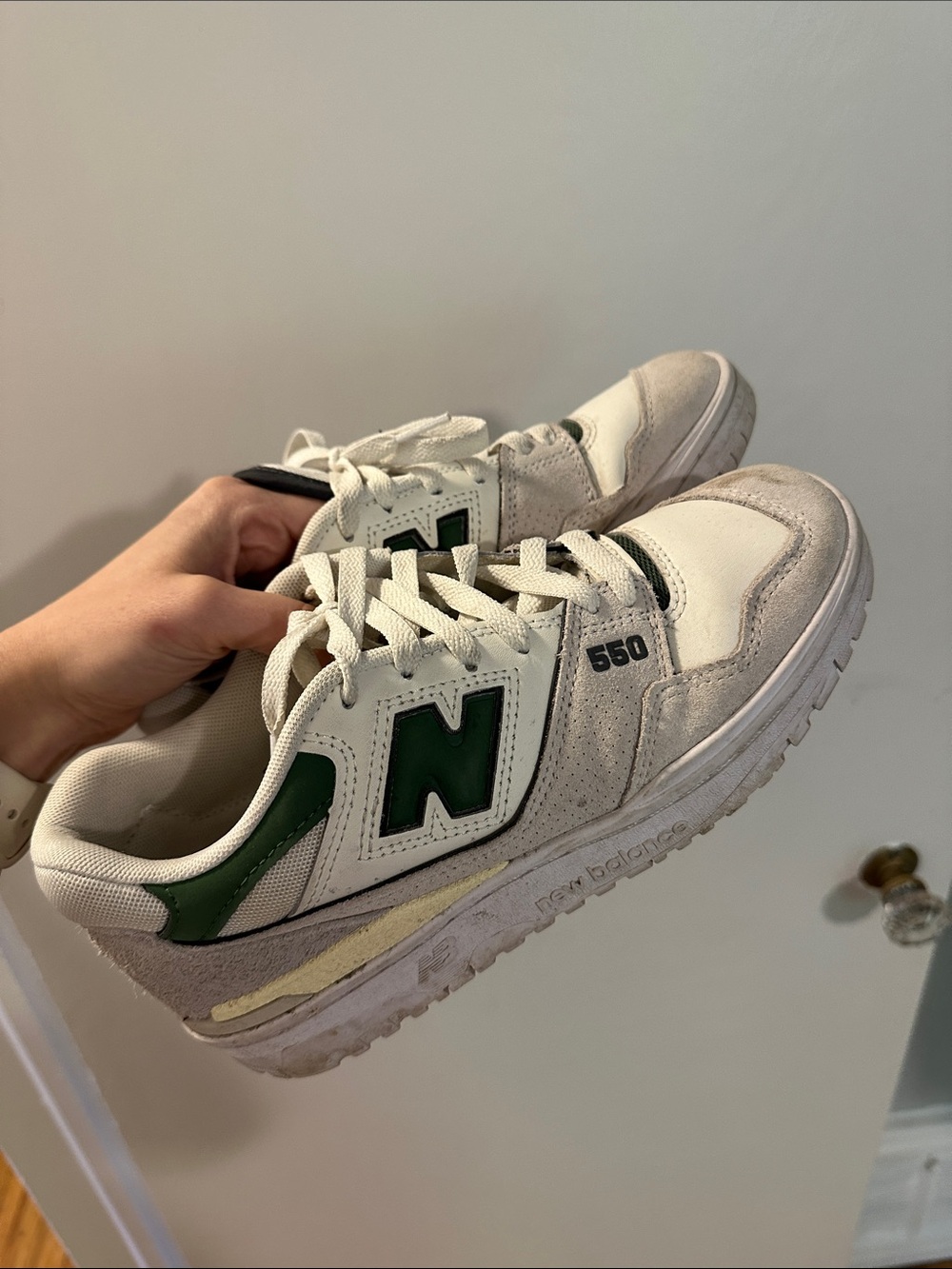 New Balance White and Dark Green '550' Low-Top Sneakers